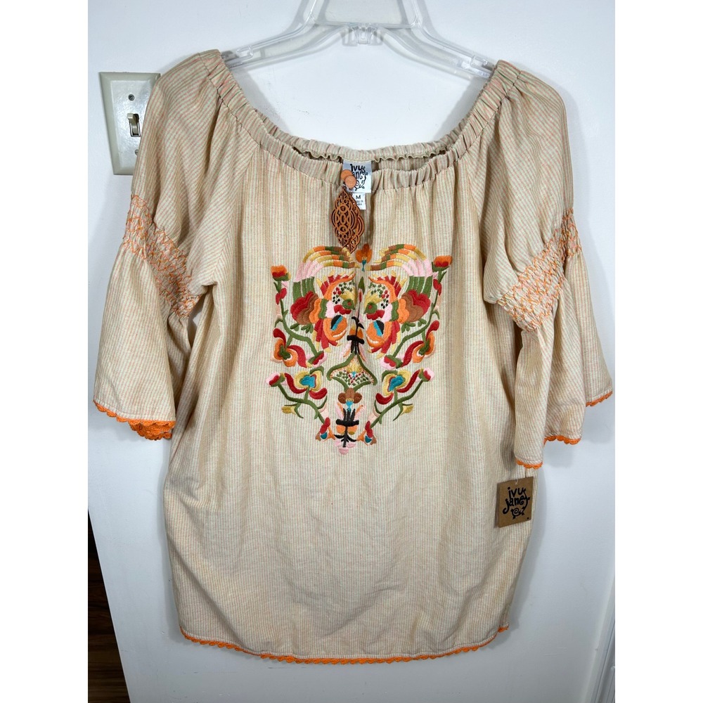 Ivy Jane Embroidered Blouse Tunic Women M Tan Orange Off Shoulder Peasant Fall